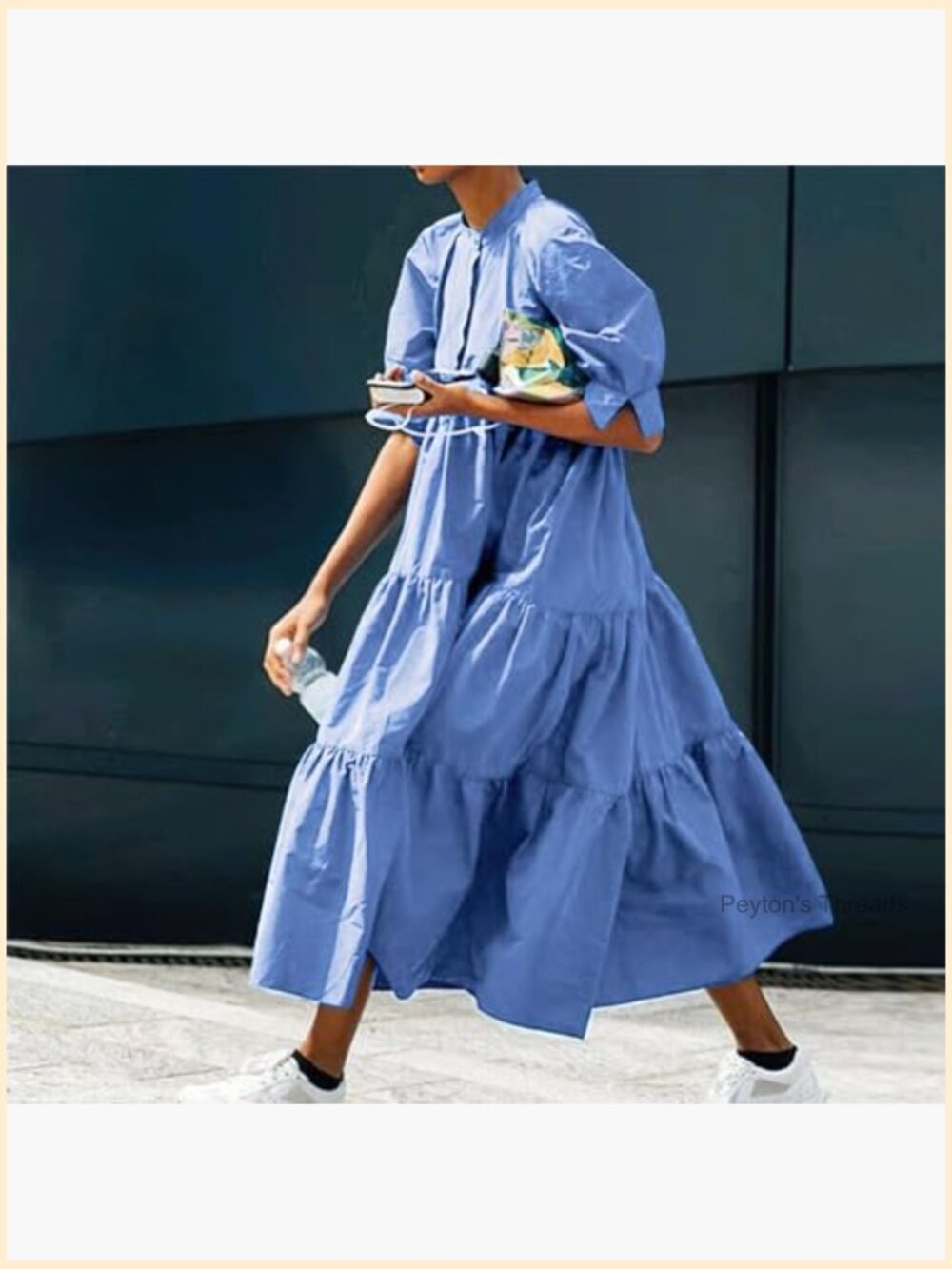 Women's Puff Sleeve Maxi Tiered Babydoll Dress Casual A-Line Swing Long Shirt - Picture 2 of 3